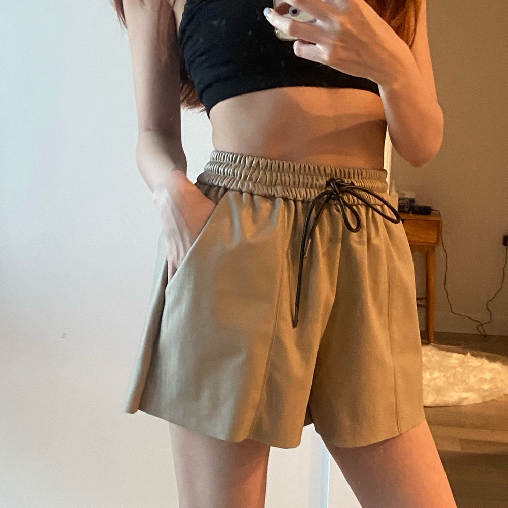 【SOLD】Beige Leather shorts women